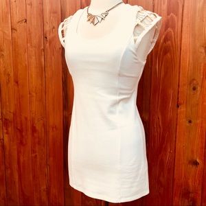 White bodycon dress w/metal cage shoulders
